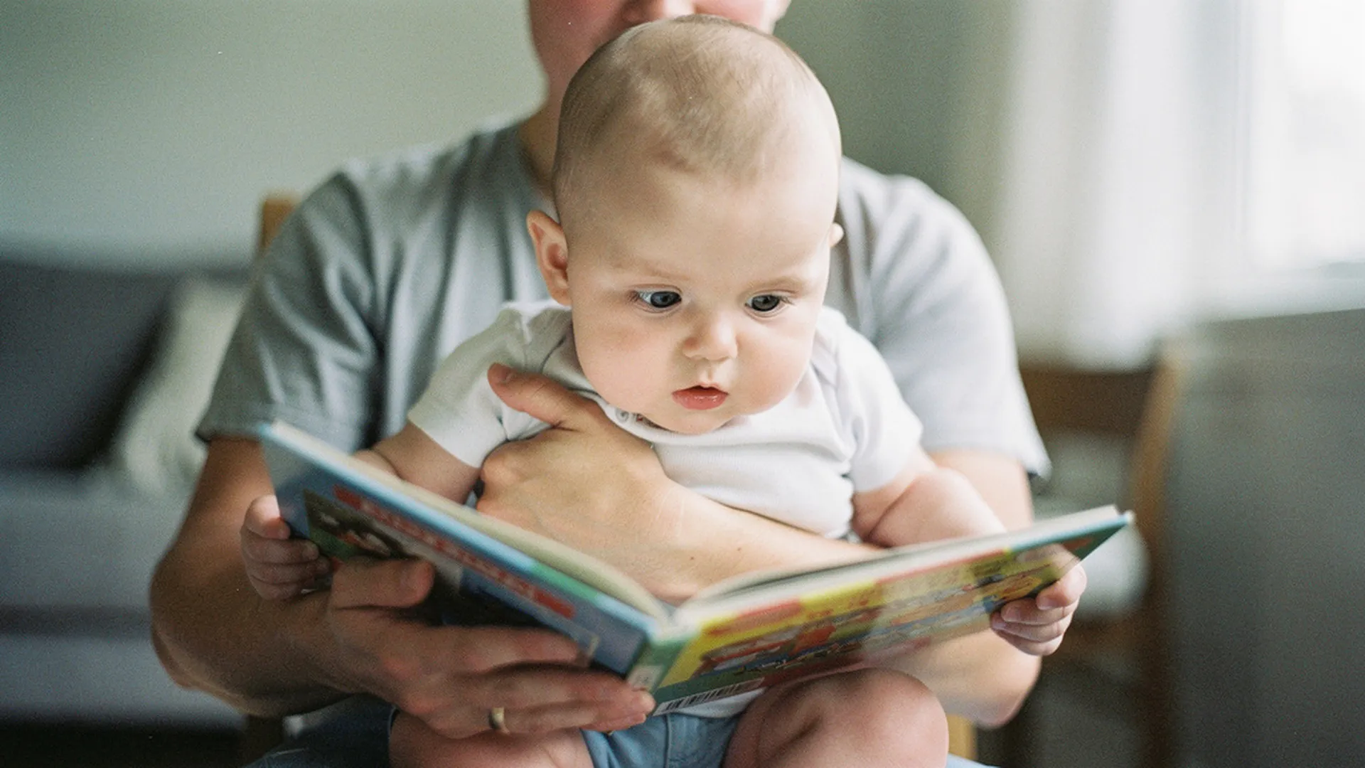Un bébé regarde les pages colorées d'un livre cartonné tenu par un parent