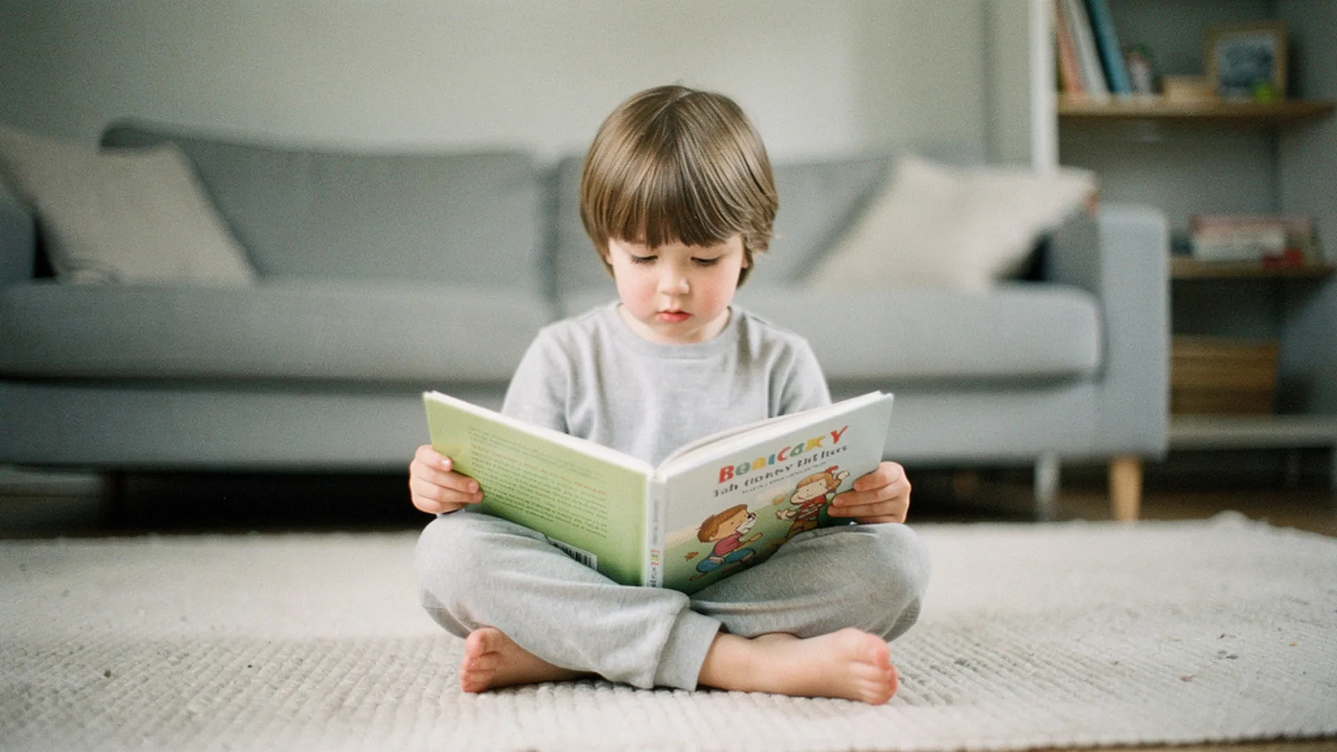 Un enfant de maternelle lit un livre personnalisé assis en tailleur sur un tapis