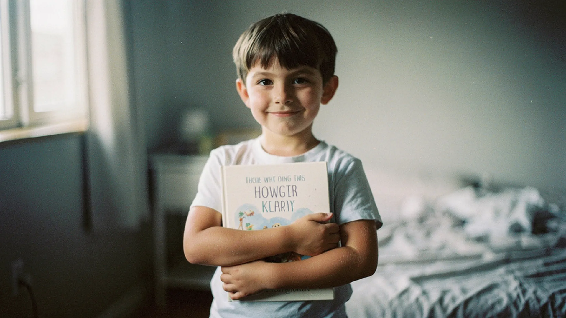 Un enfant plus grand tient un livre personnalisé fermé contre lui en souriant