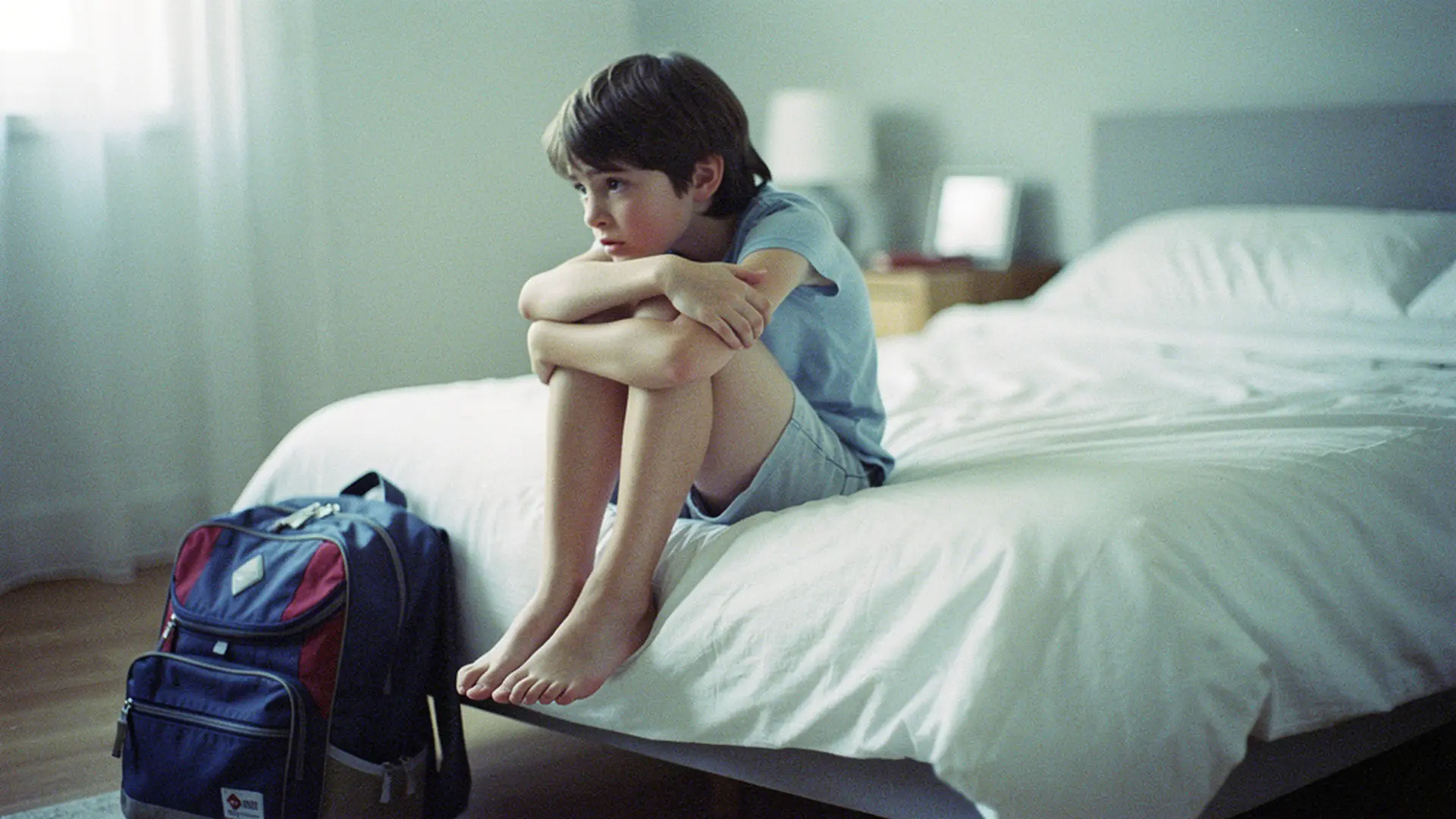 Enfant assis sur le bord de son lit un dimanche soir, cartable préparé à côté, expression pensive et inquiète