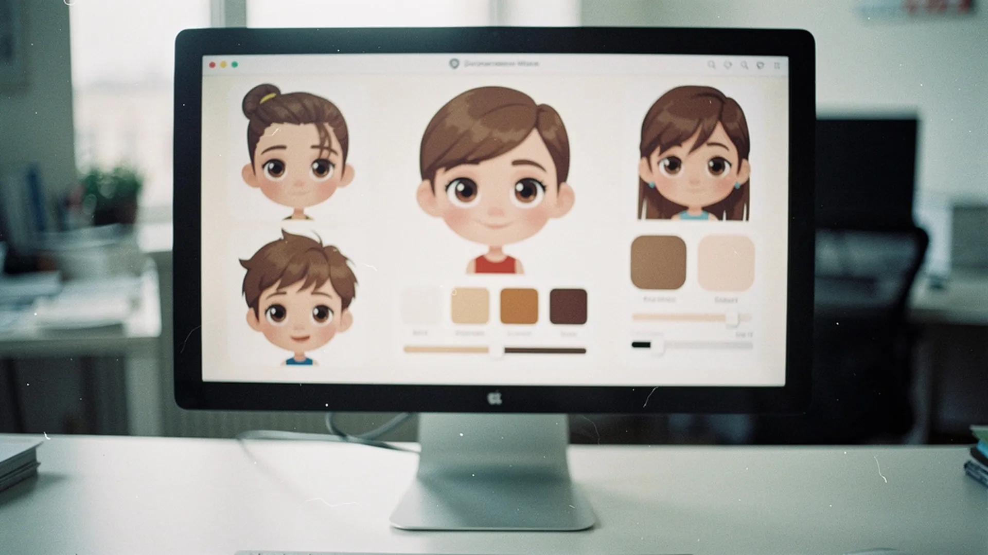 Écran d'ordinateur montrant un générateur d'avatar d'enfant avec options de coiffure et couleur de peau