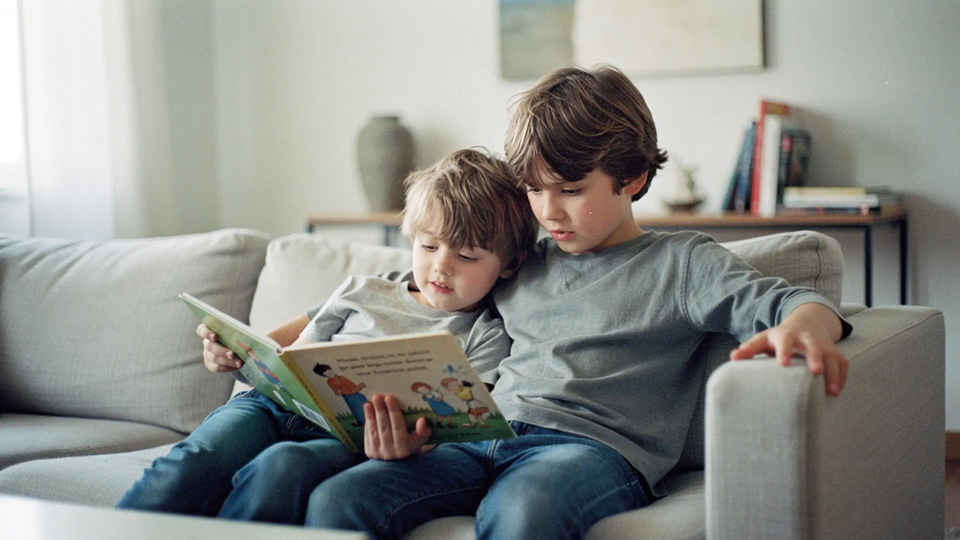 Enfant de 6 ans et son grand frère de 9 ans lisant ensemble un livre illustré sur un canapé