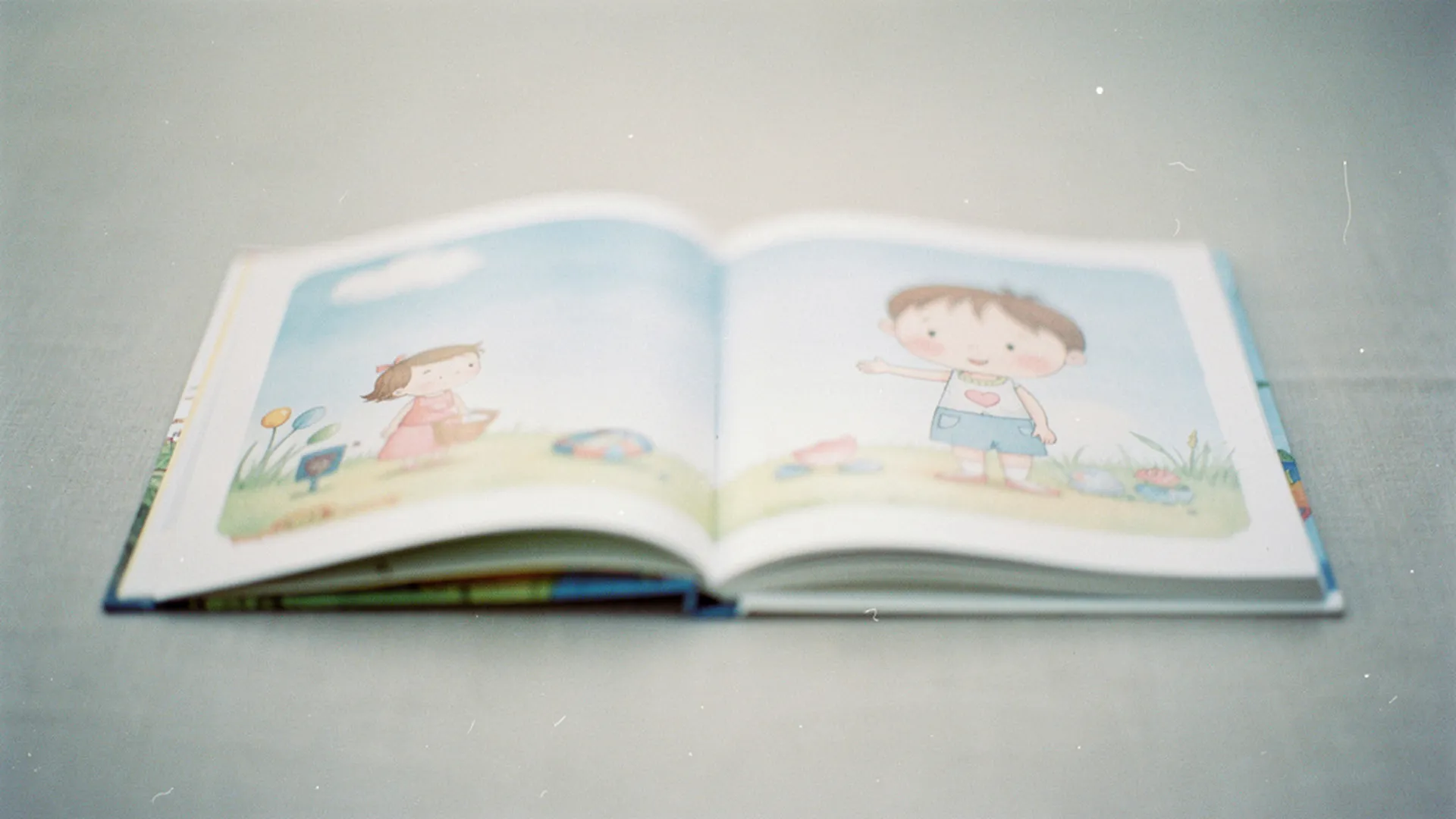 Gros plan sur un livre illustré personnalisé ouvert, montrant une double page colorée avec un personnage enfant