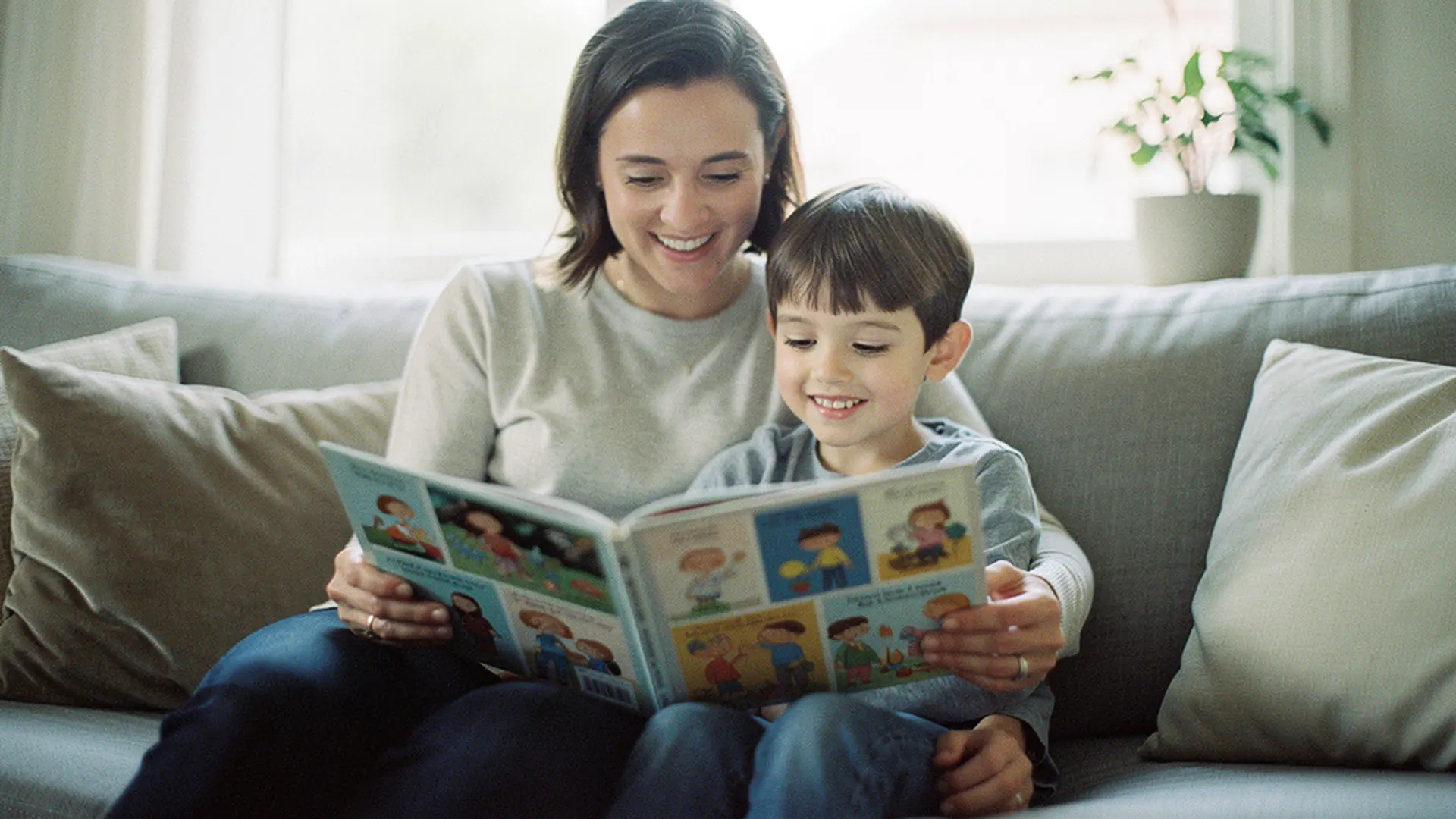 Parent et enfant de 5 ans lisant ensemble un livre personnalisé sur un canapé, tous deux souriants