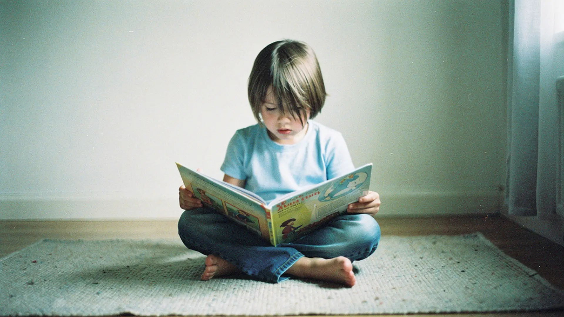 Enfant de 6 ans absorbé dans la lecture d'un livre illustré, assis en tailleur sur un tapis