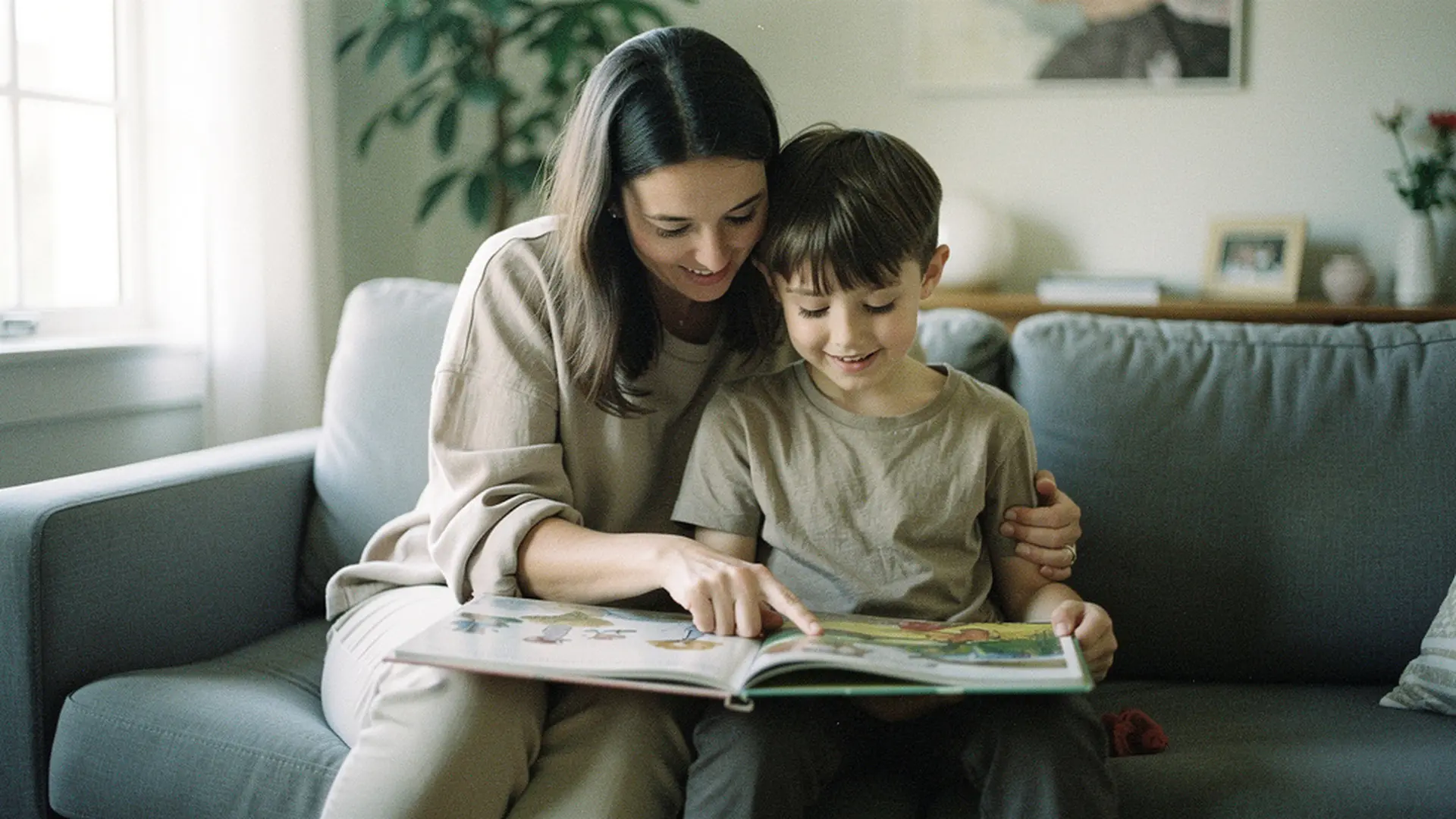 Mère et fils de 4 ans pointant ensemble une page d'un livre personnalisé, moment de complicité