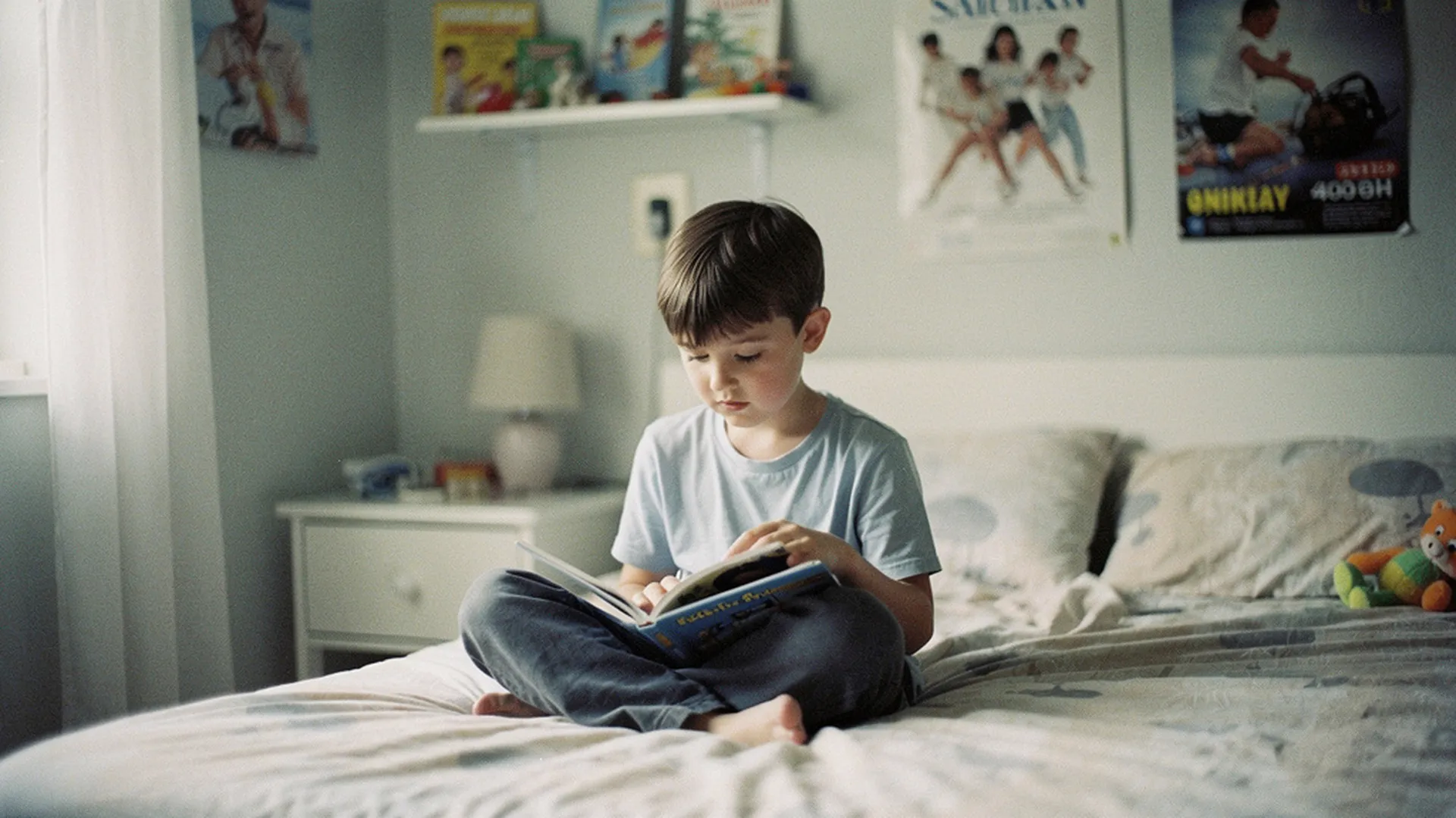 Enfant de 7 ans lisant seul un livre dans sa chambre, posture concentrée et détendue