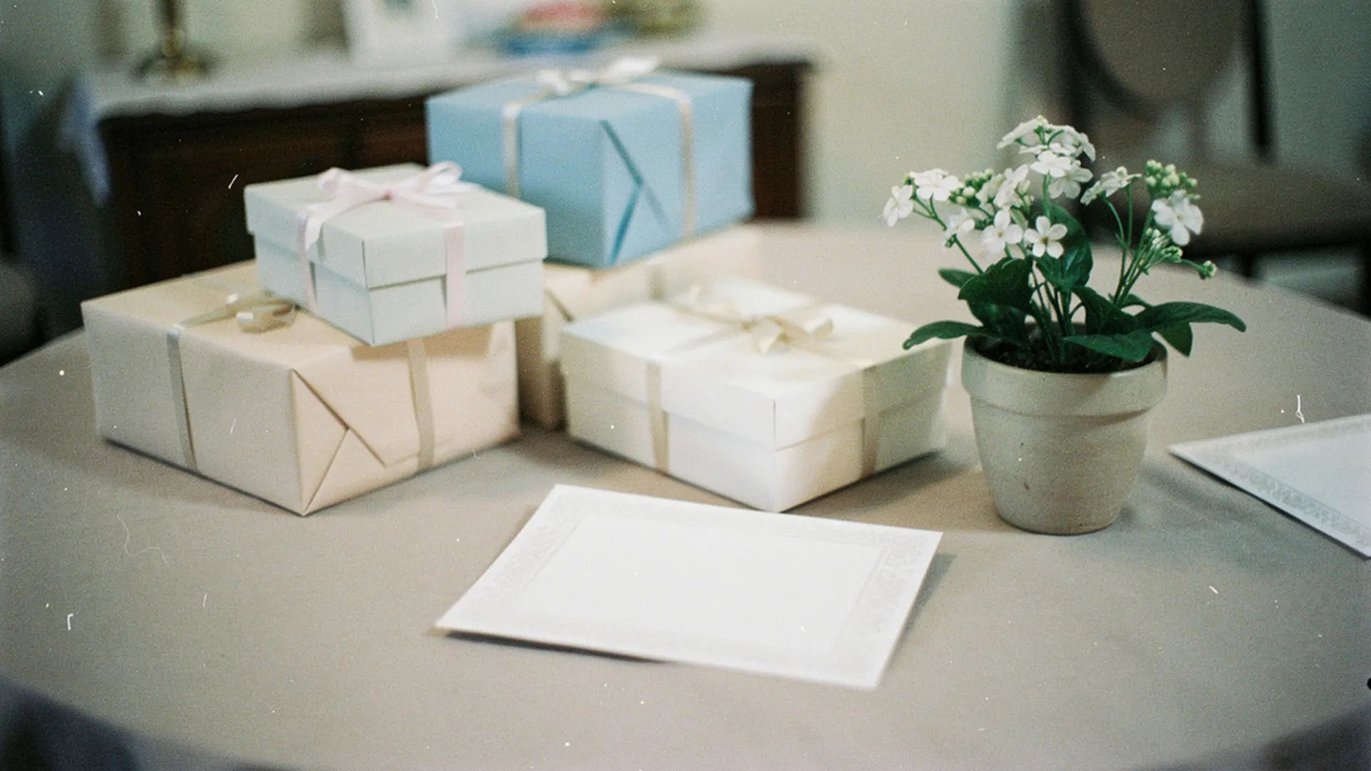 Table de cérémonie de baptême avec cadeaux emballés et faire-part