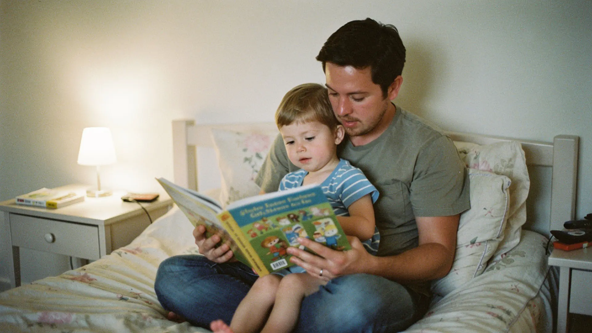 Parent lisant le soir un livre personnalisé à un jeune enfant