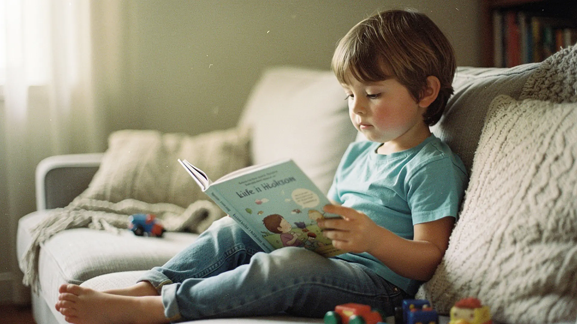 Enfant hypersensible absorbé dans la lecture de son livre personnalisé, dans un espace calme et apaisant