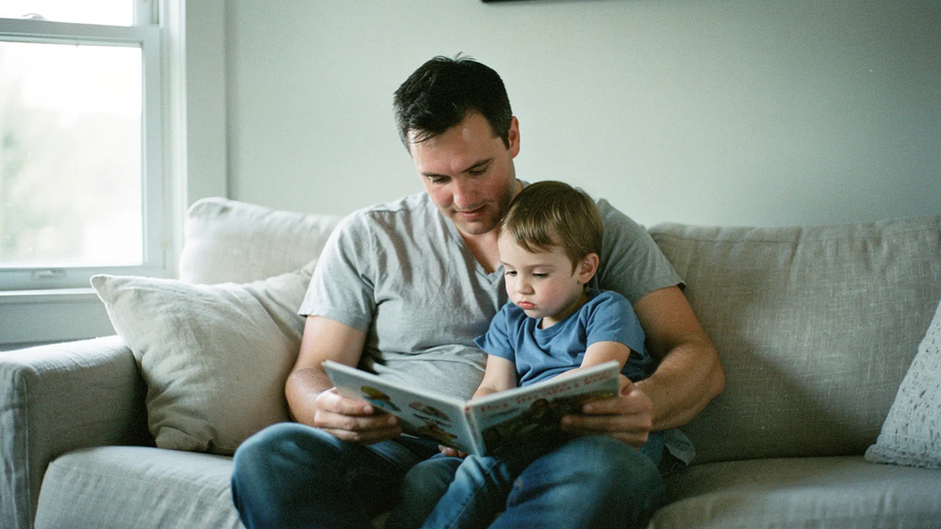 Parent et enfant hypersensible partageant un moment calme de lecture ensemble à la maison