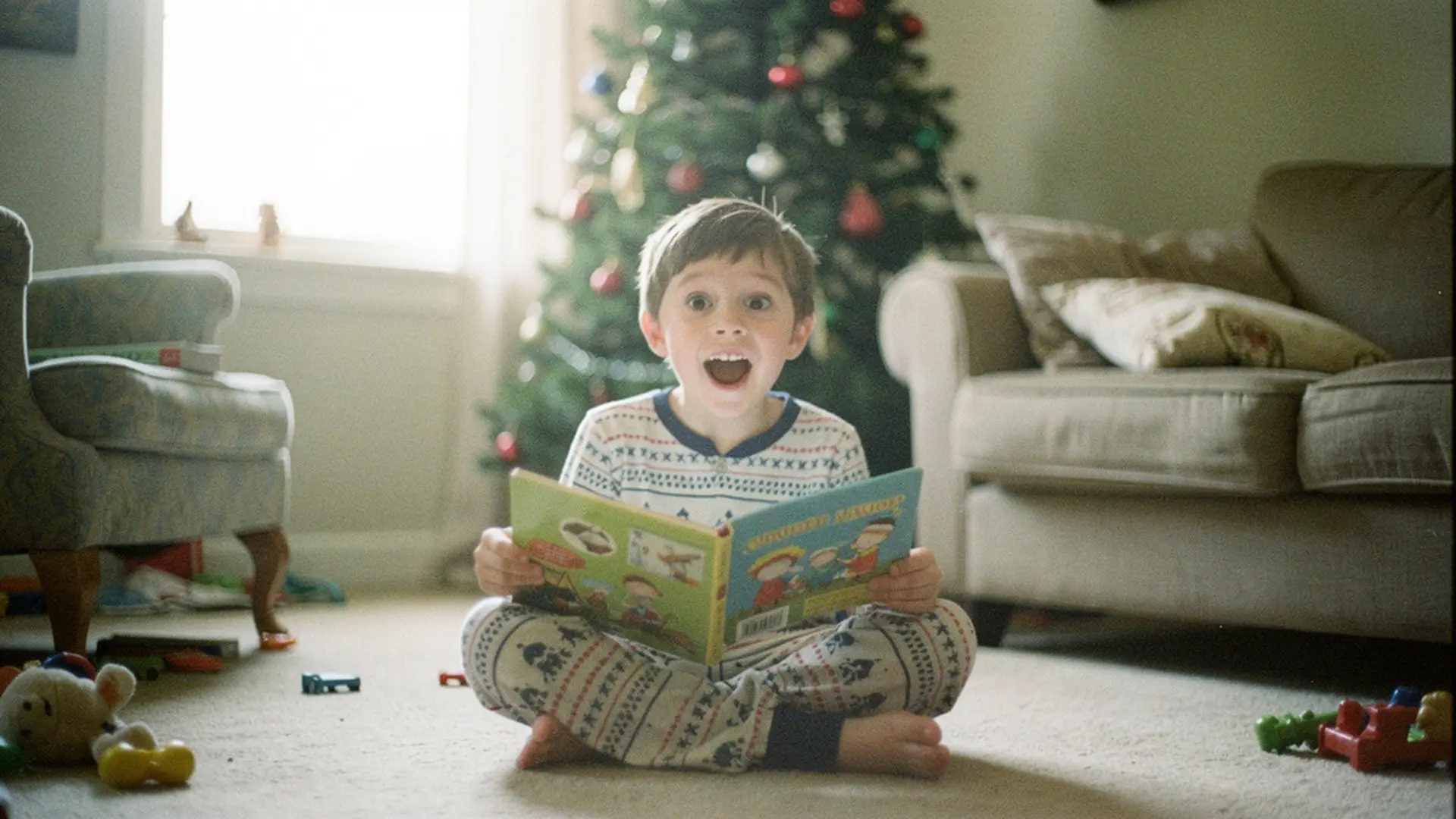 Petit garçon en pyjama assis devant le sapin de Noël, tenant un livre illustré ouvert, sourire surpris