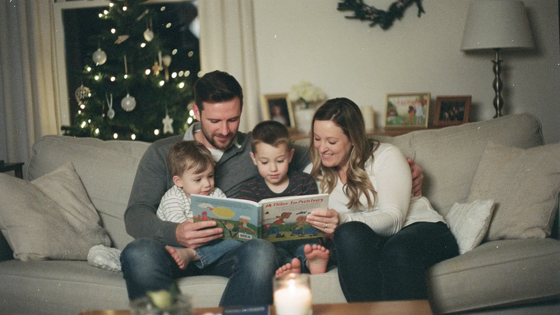 Famille lisant ensemble un livre illustré sur le canapé la veille de Noël