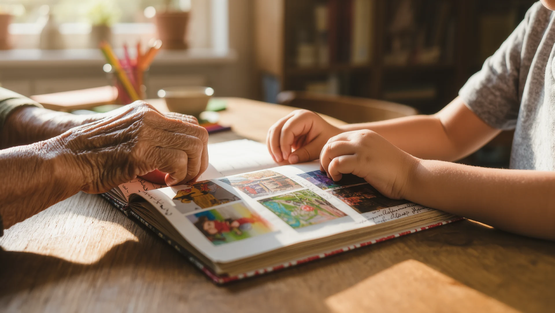 Mains d'une grand-mère et d'un enfant de 9 ans feuilletant ensemble un album de souvenirs rempli de photos et de dessins colorés
