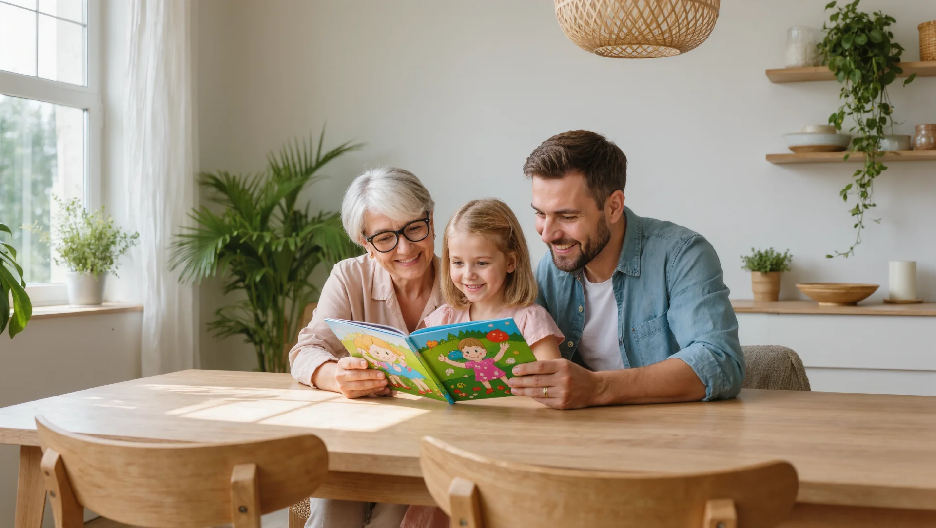 Famille composée d'une grand-mère, d'un père et d'une fillette de 7 ans autour d'un livre illustré sur une table en bois