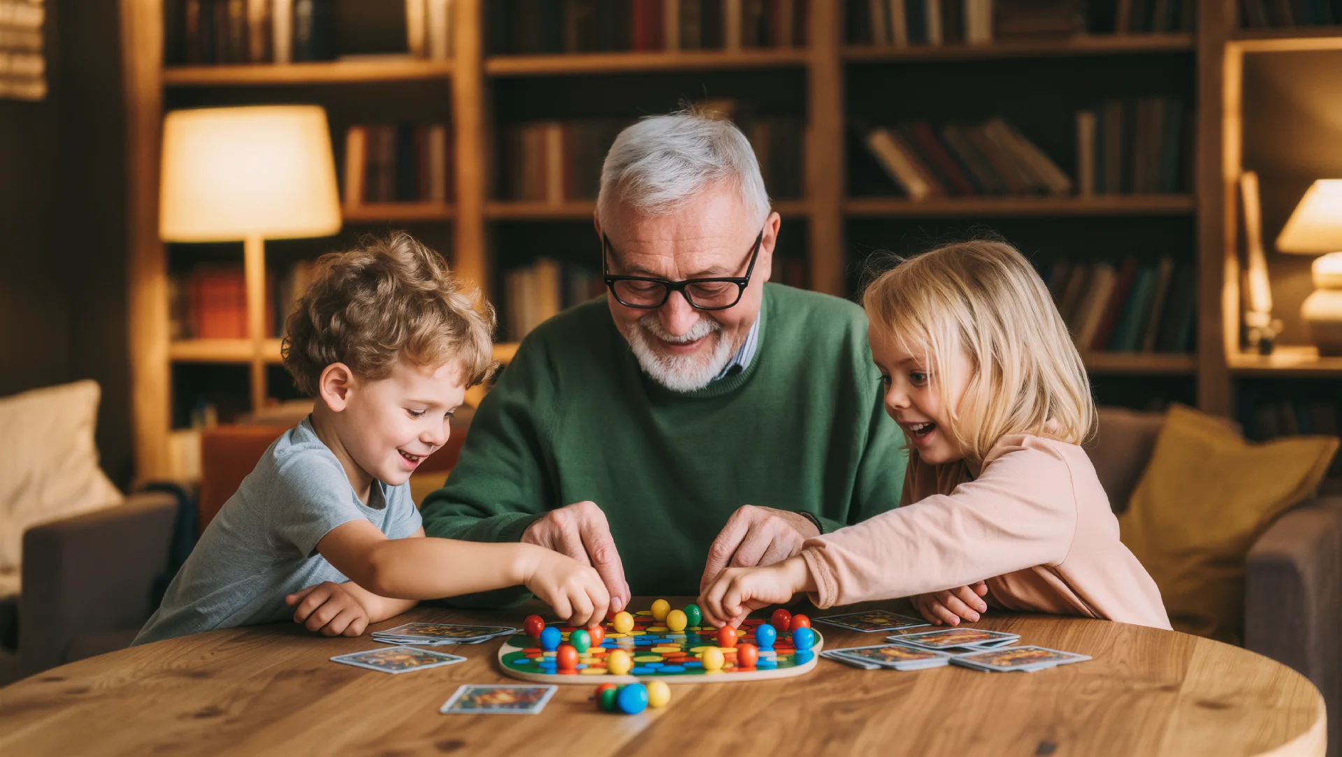Grand-père et deux enfants de 5 et 8 ans riant en jouant à un jeu de société coopératif coloré sur une table en bois