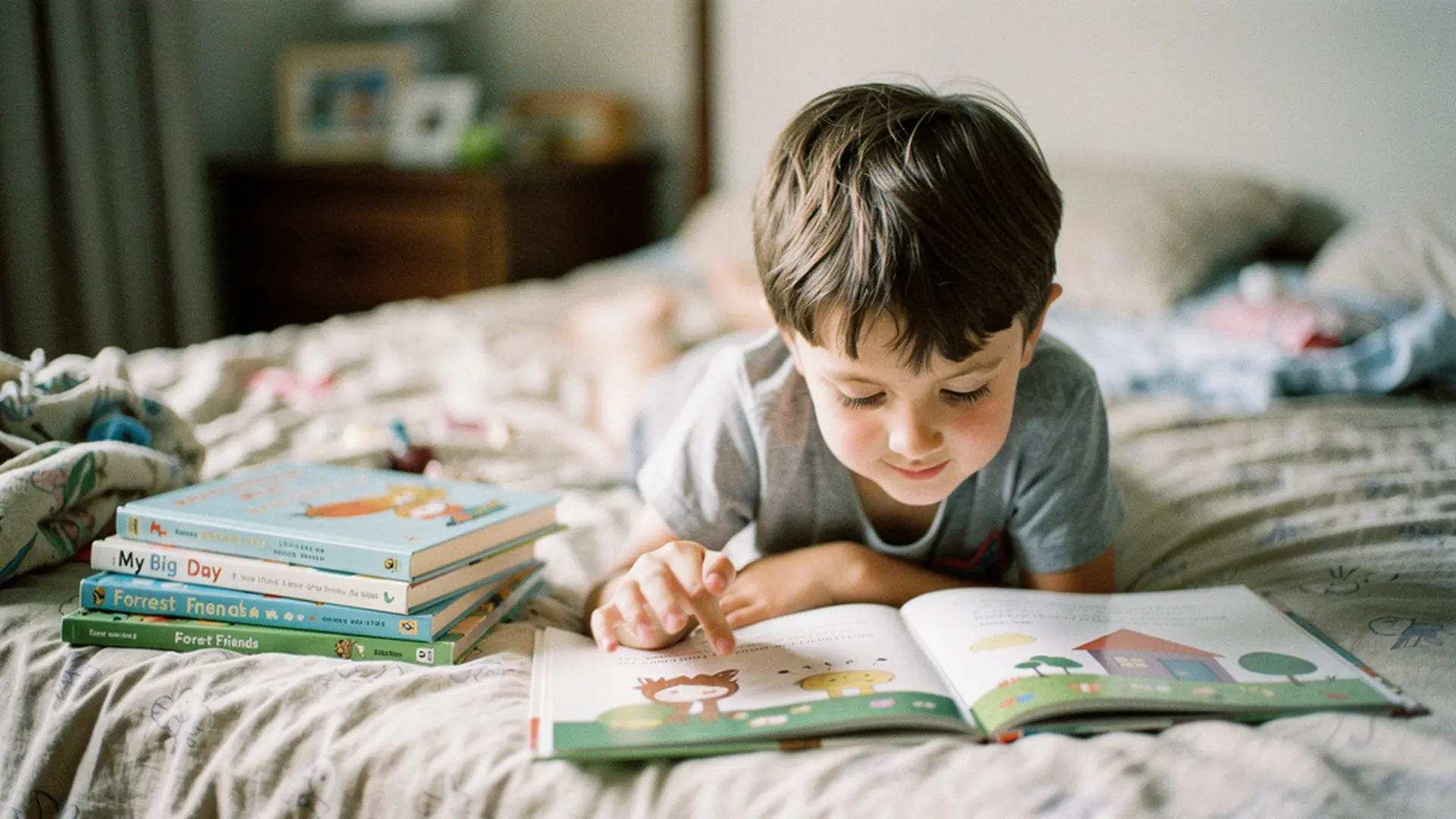Enfant allongé sur son lit en train de feuilleter un livre illustré parmi une pile d'albums
