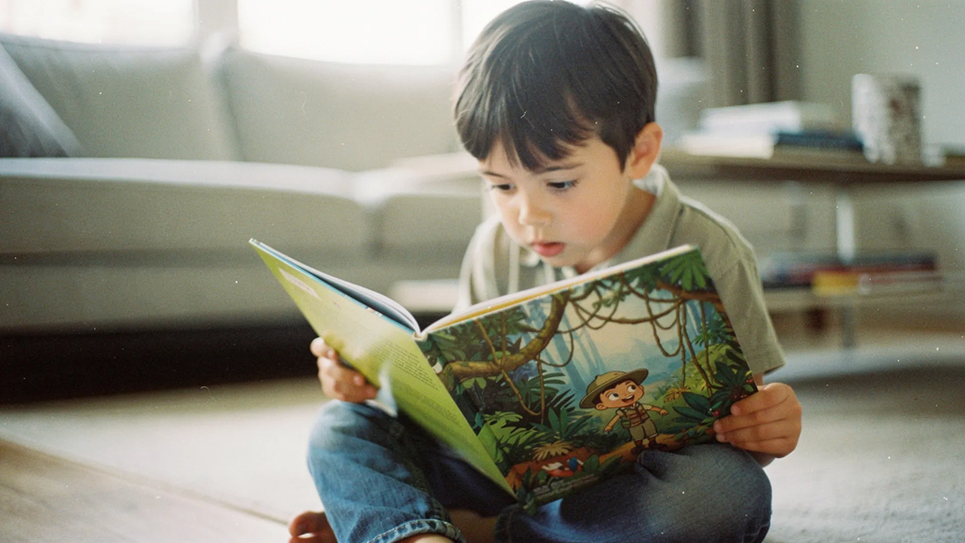 Enfant qui feuillette un livre illustré représentant un personnage explorateur dans une jungle