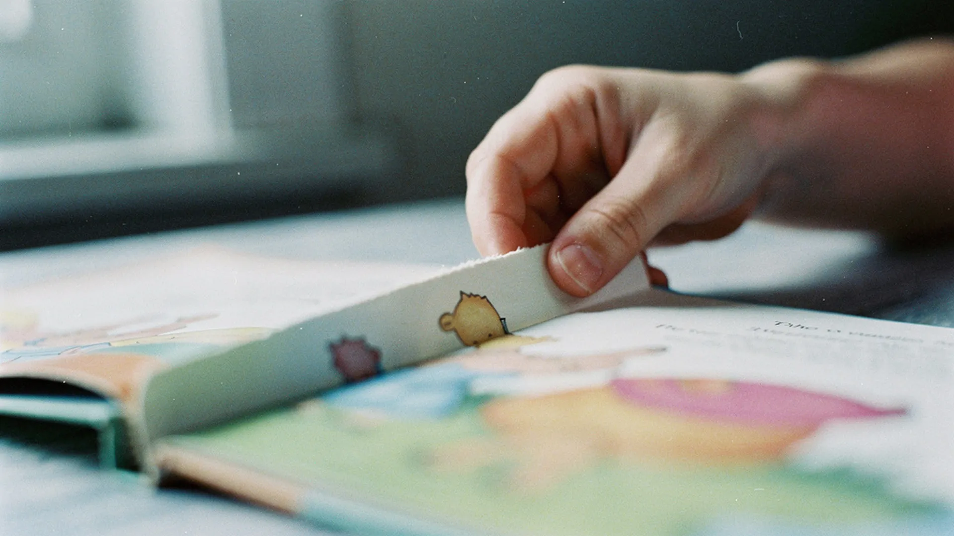 Gros plan sur les pages ouvertes d'un livre pour enfant avec du texte en gros caractères et des illustrations colorées