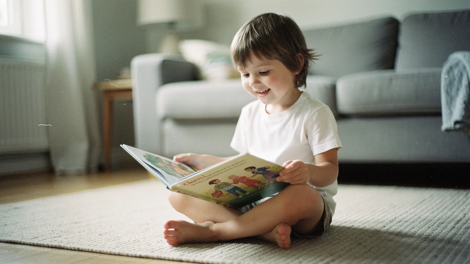 Enfant souriant qui feuillette un livre personnalisé illustré, assis sur un tapis avec de la lumière naturelle