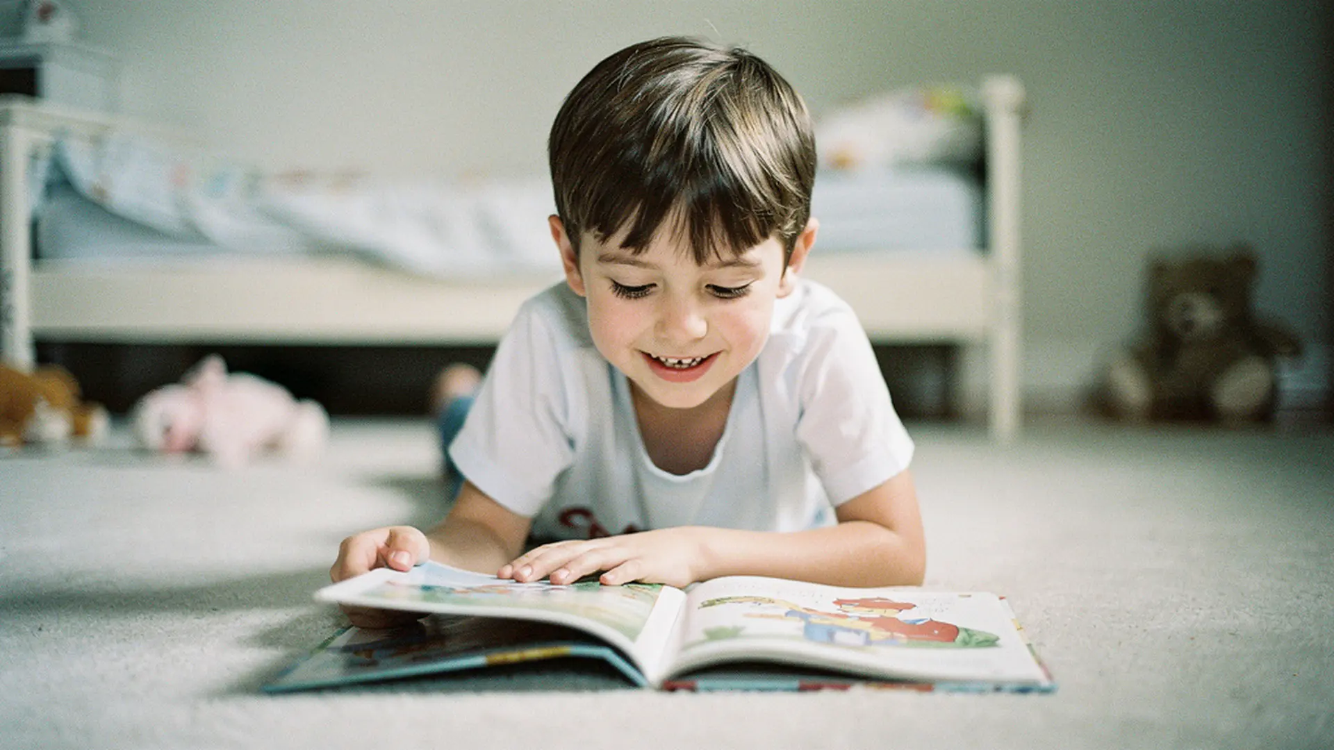 Enfant de 7 ans allongé sur le ventre en train de lire un livre illustré, expression concentrée et joyeuse