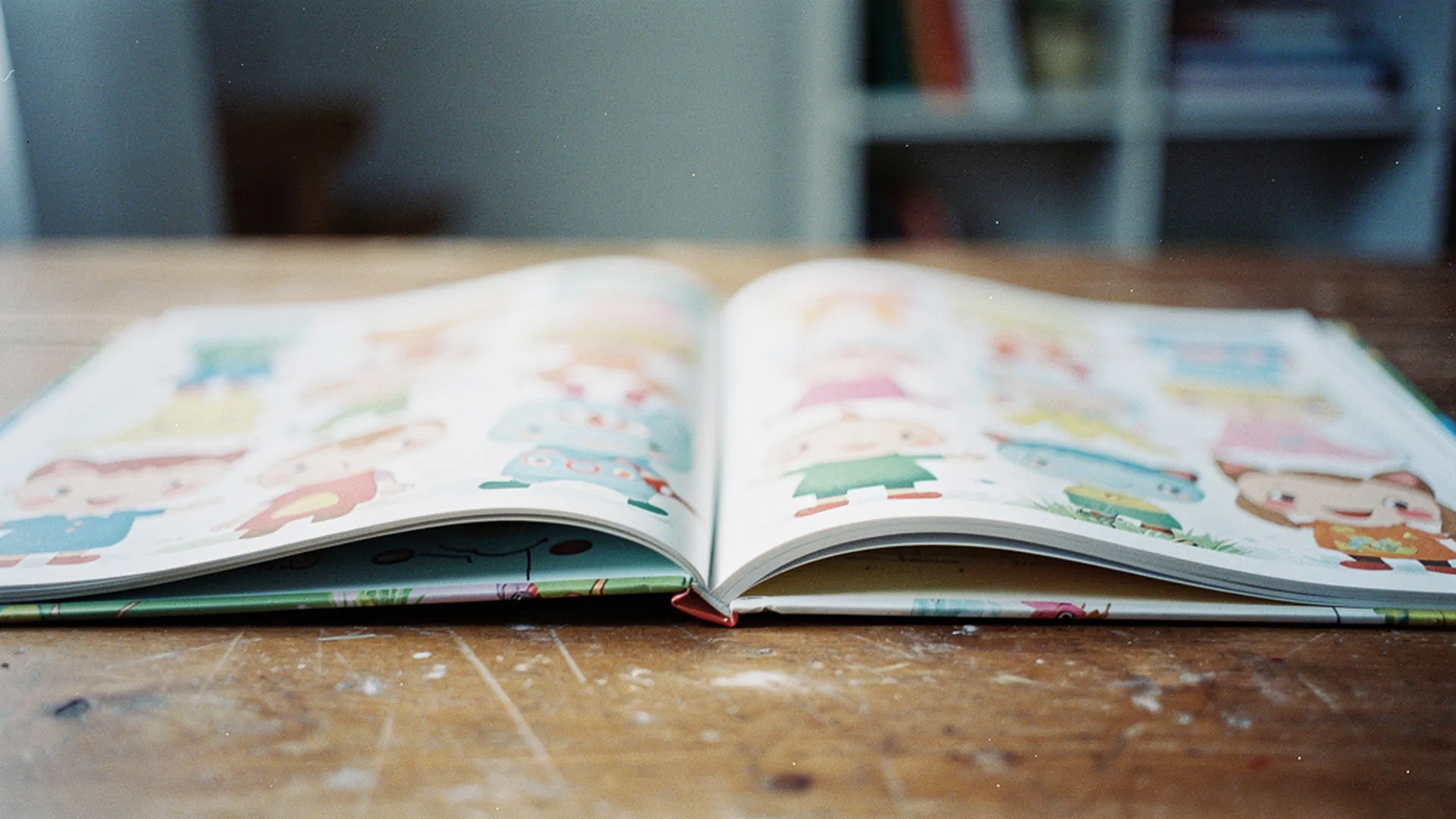 Gros plan sur les pages illustrées ouvertes d'un livre personnalisé posé sur une table en bois