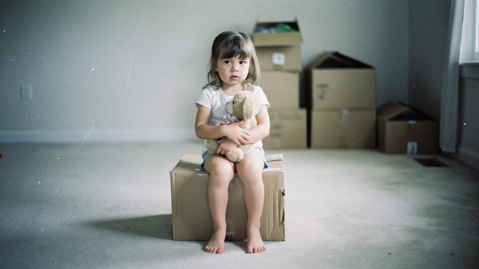 Petite fille assise sur un carton de déménagement dans un salon vide, tenant une peluche