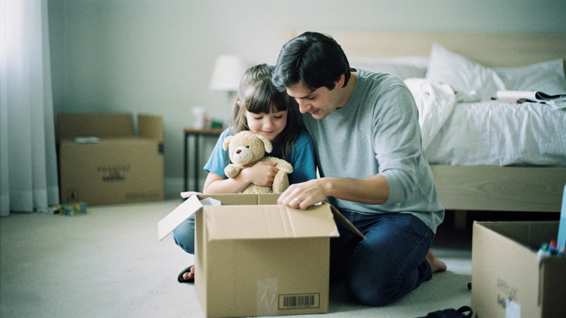 Parent et enfant de 6 ans déballant un carton ensemble dans une nouvelle chambre, l'enfant tenant une peluche familière