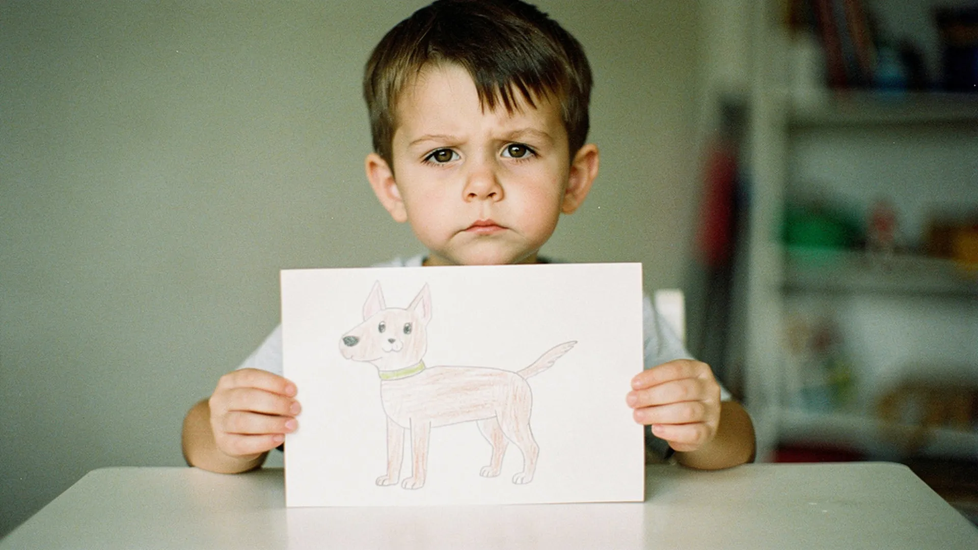 Enfant tenant un dessin représentant son animal de compagnie décédé