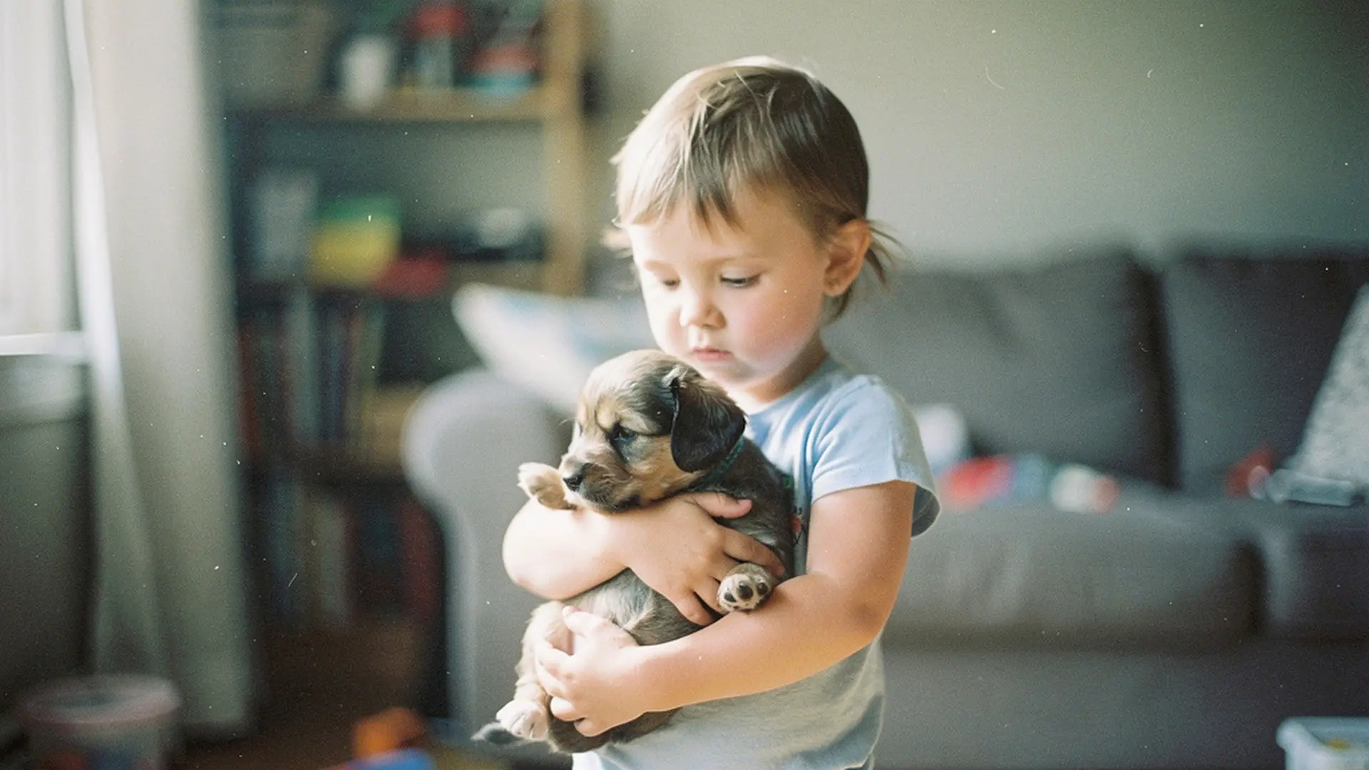 Enfant accueillant avec précaution un chiot dans ses bras, quelques mois après la perte de son ancien animal