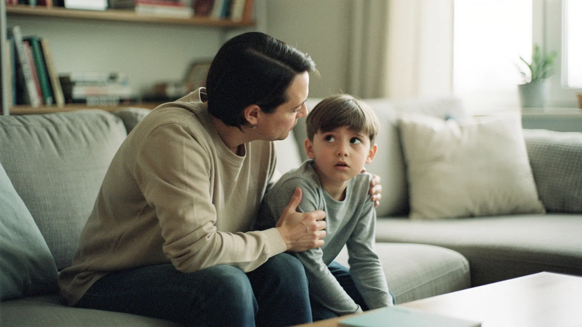 Parent et enfant assis côte à côte sur un canapé, en pleine conversation