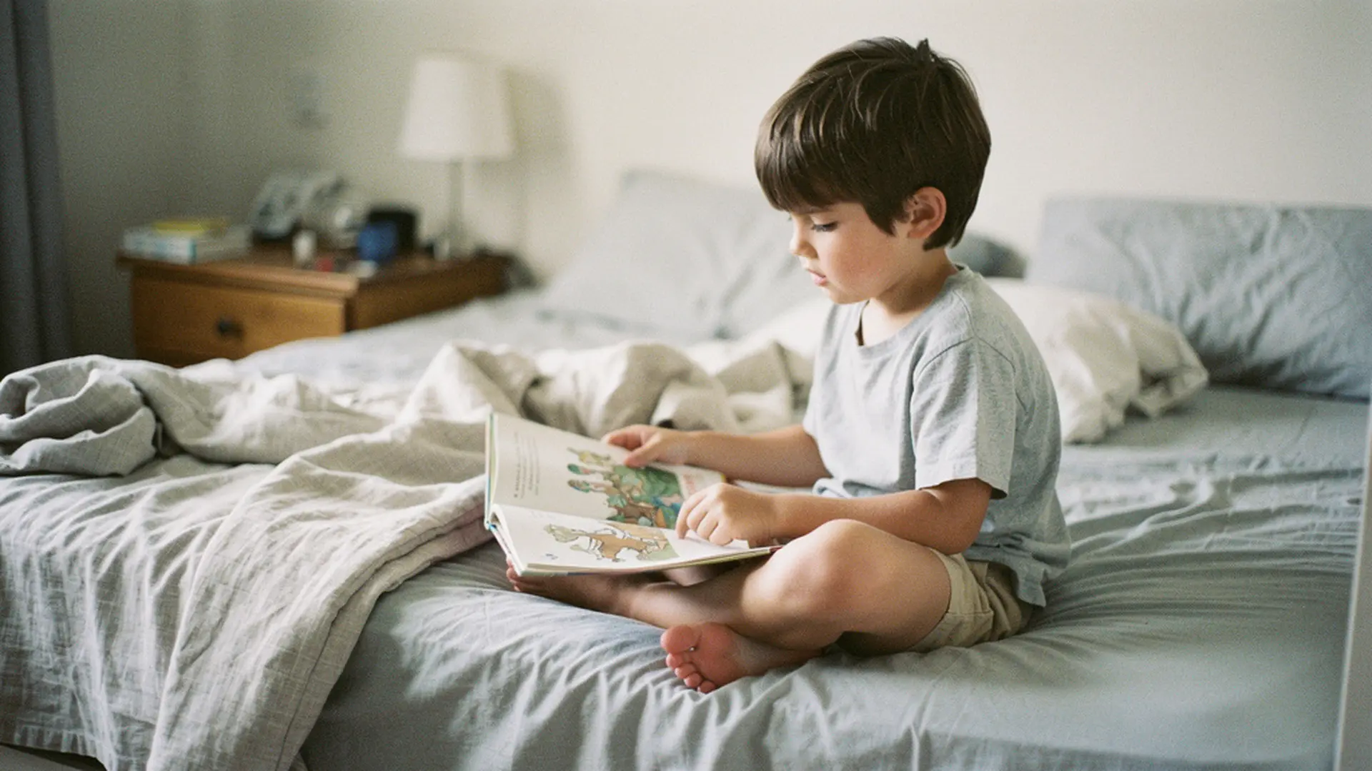 Enfant lisant seul un livre illustré, assis sur son lit dans une chambre calme