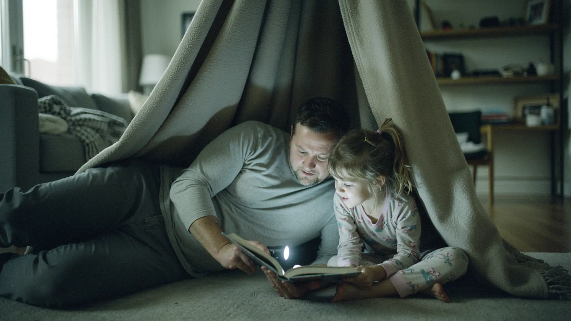 Père et fille lisant sous une couverture tendue en cabane avec une lampe de poche, livre ouvert entre eux