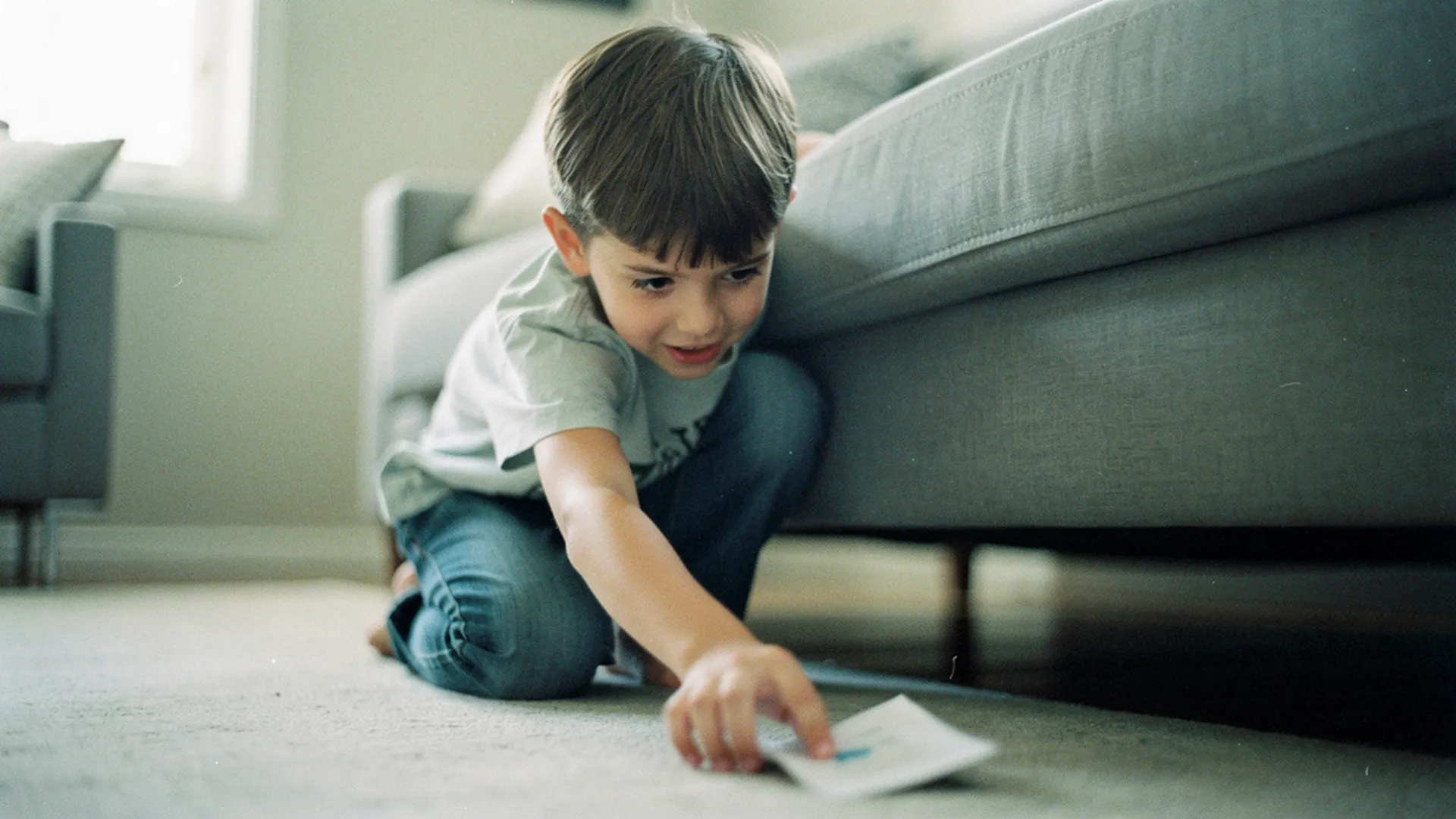 Garçon de 7 ans accroupi ramassant un indice en papier sous un canapé, expression curieuse
