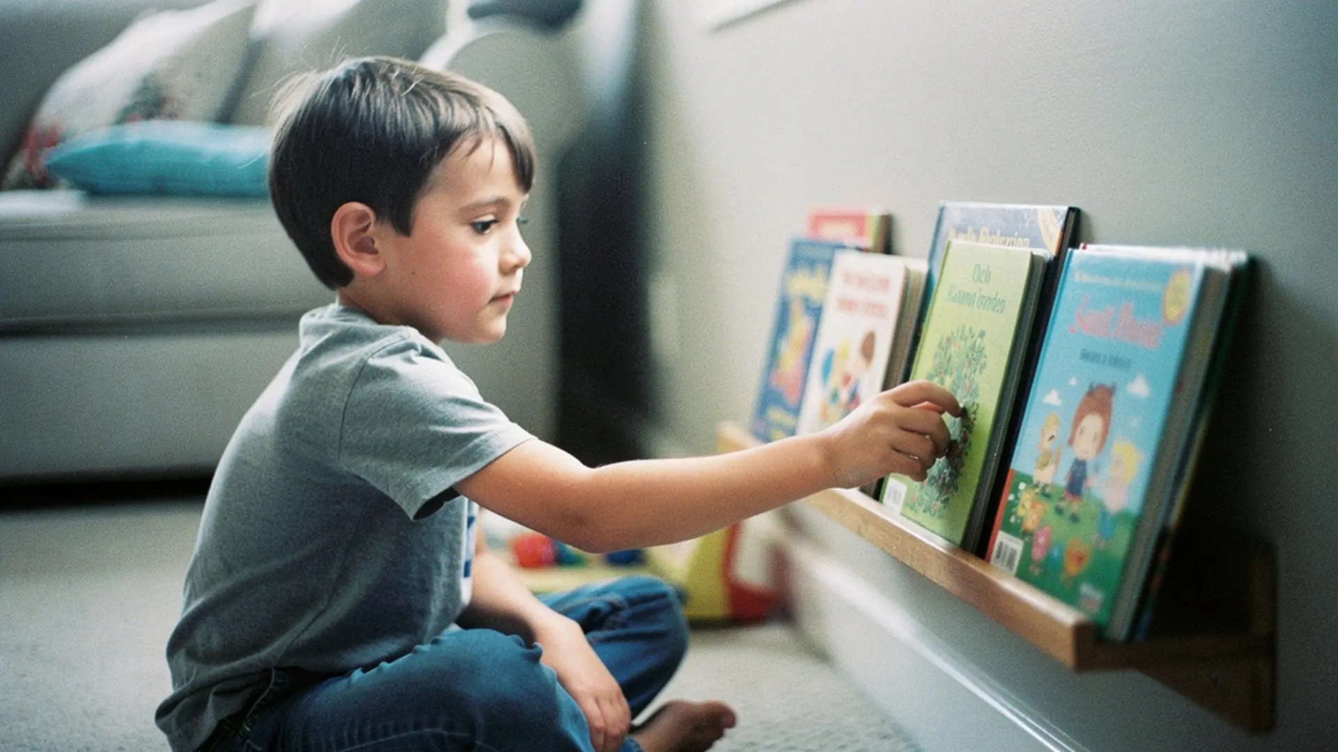 Garçon de 6 ans assis en tailleur dans un coin lecture, livres illustrés disposés à sa hauteur sur une étagère basse, en train d'en choisir un