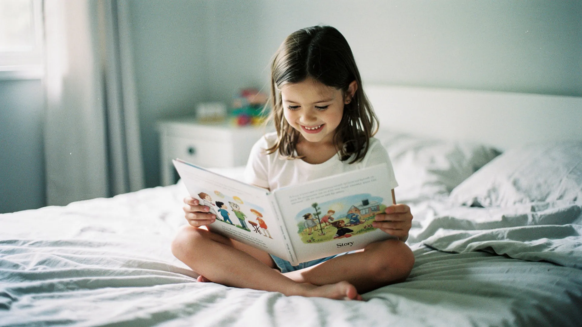 Enfant de 5 ans souriant, feuilletant un livre personnalisé illustré sur son lit