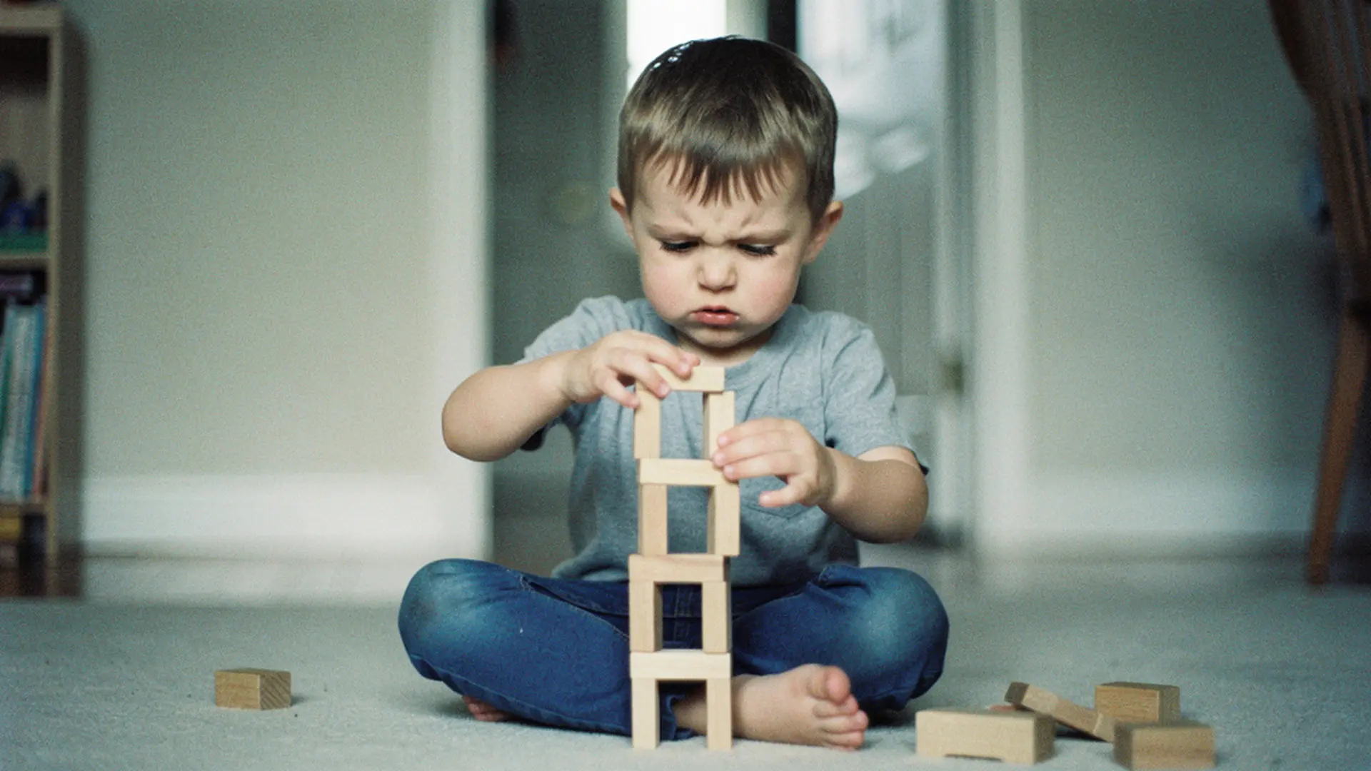 Enfant de maternelle assis au sol, en train d'empiler des blocs de construction avec une expression très concentrée