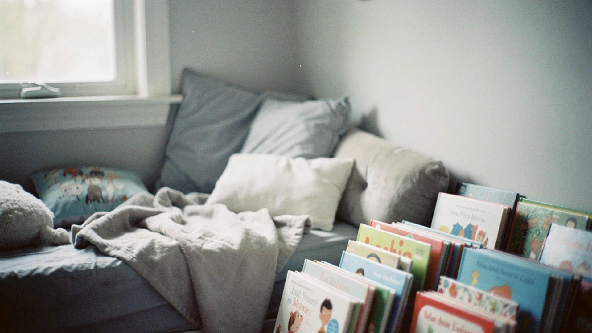 Coin lecture douillet aménagé dans une chambre d'enfant, coussins moelleux et livres empilés sous une lumière tamisée