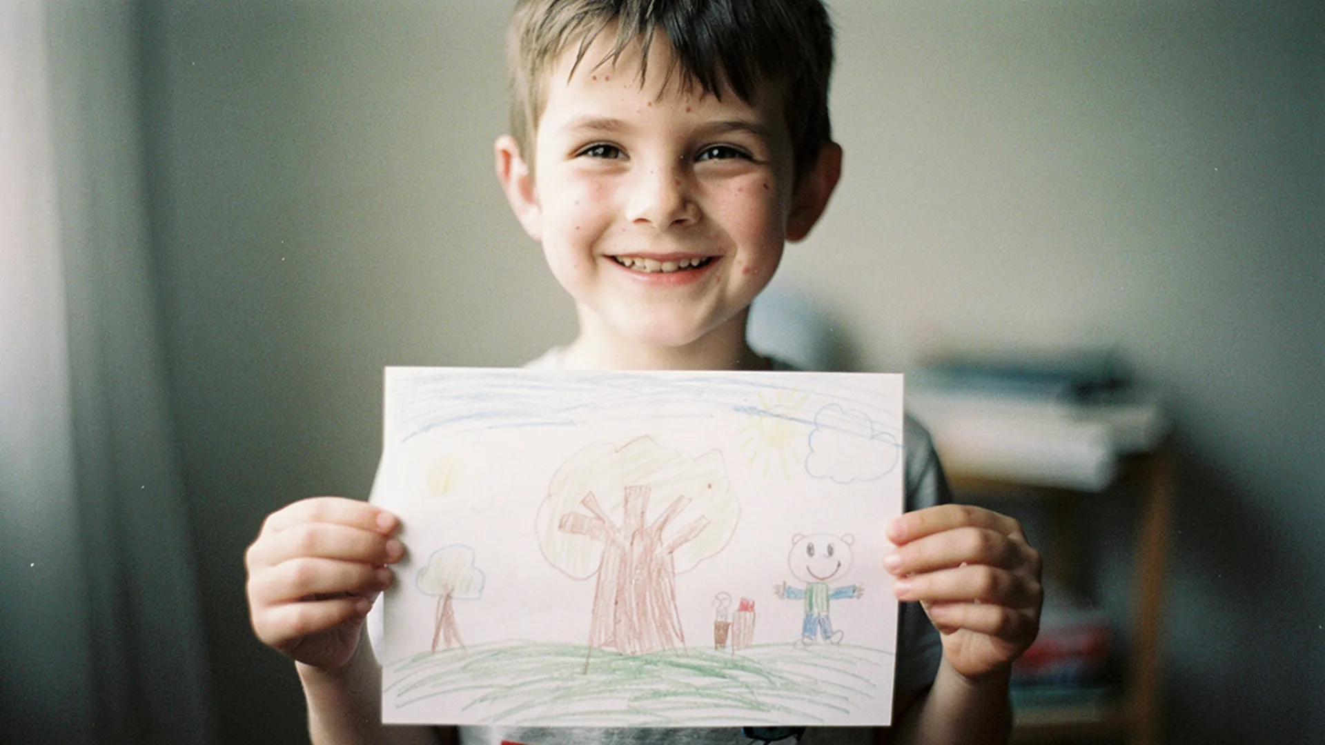 Enfant souriant, posture confiante, dans un moment de réussite quotidienne