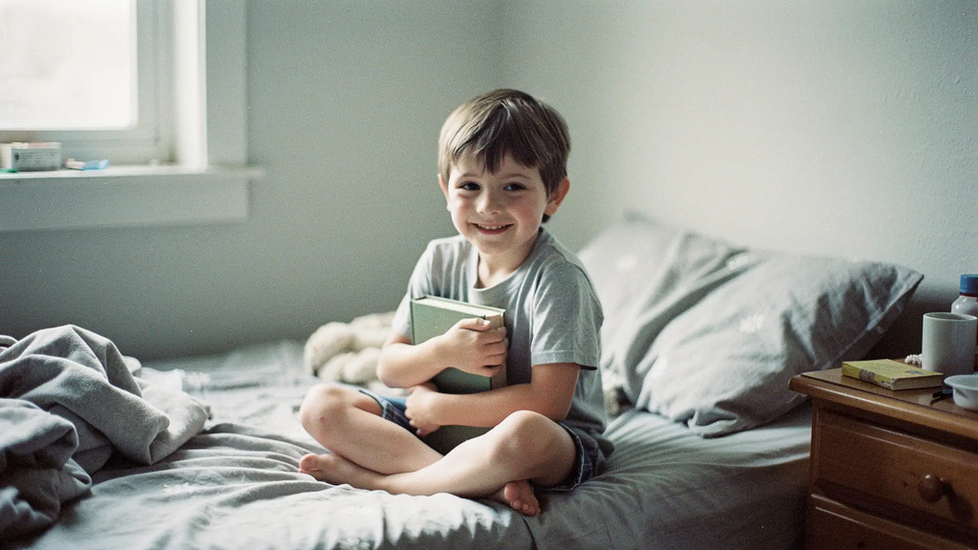 Enfant de 7 ans souriant, tenant un livre contre lui, assis seul sur son lit