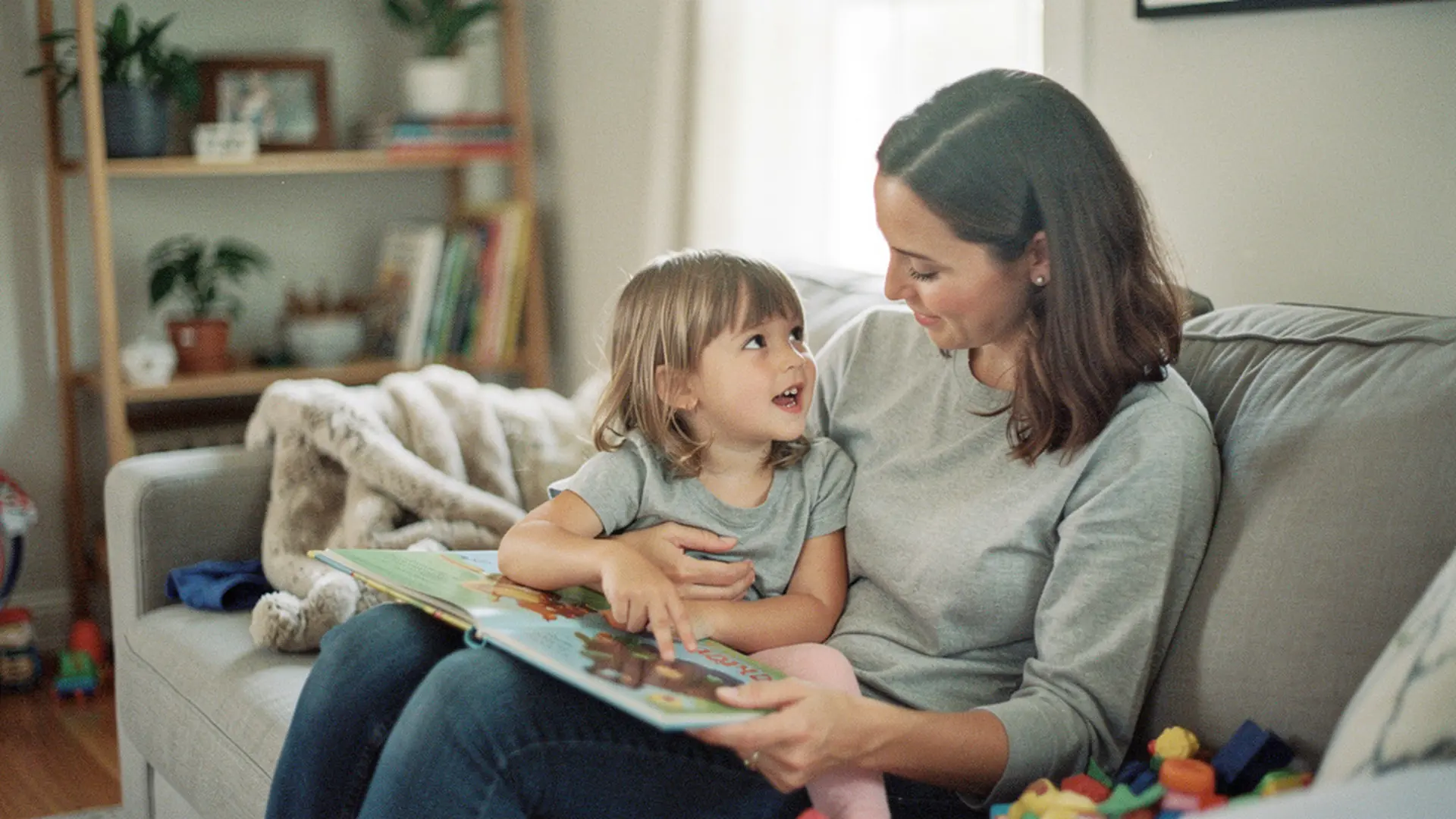 Petite fille de 4 ans montrant du doigt une image dans un livre ouvert sur les genoux de sa mère, salon lumineux