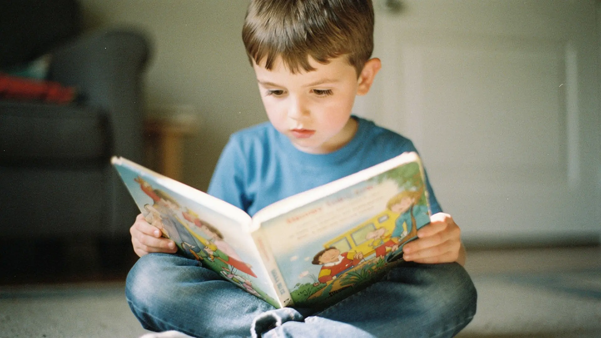 Petit garçon assis seul par terre en train de relire son livre préféré, livre visiblement usé par une lecture répétée