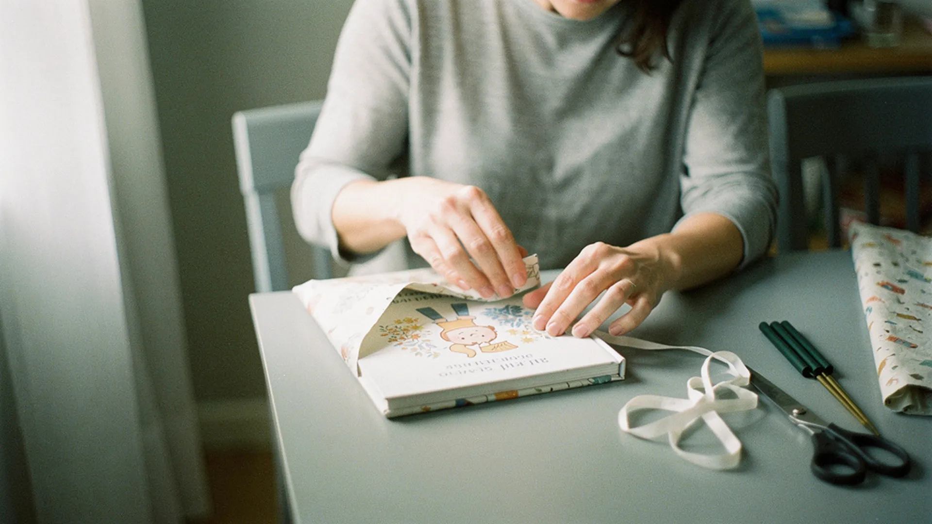 Parent emballant un livre illustré personnalisé sur une table, papier cadeau et ruban posés à côté