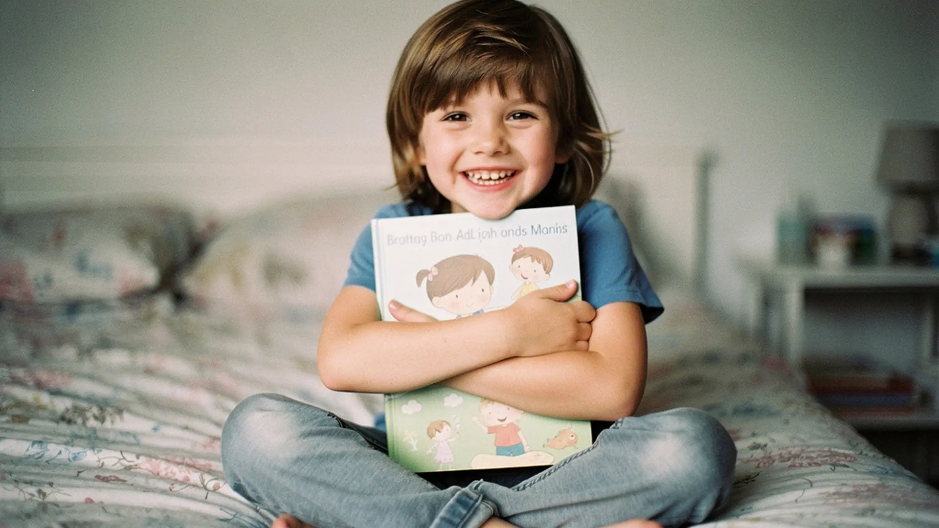 Enfant de 7 ans tenant contre lui un livre illustré personnalisé, grand sourire, assis sur un lit
