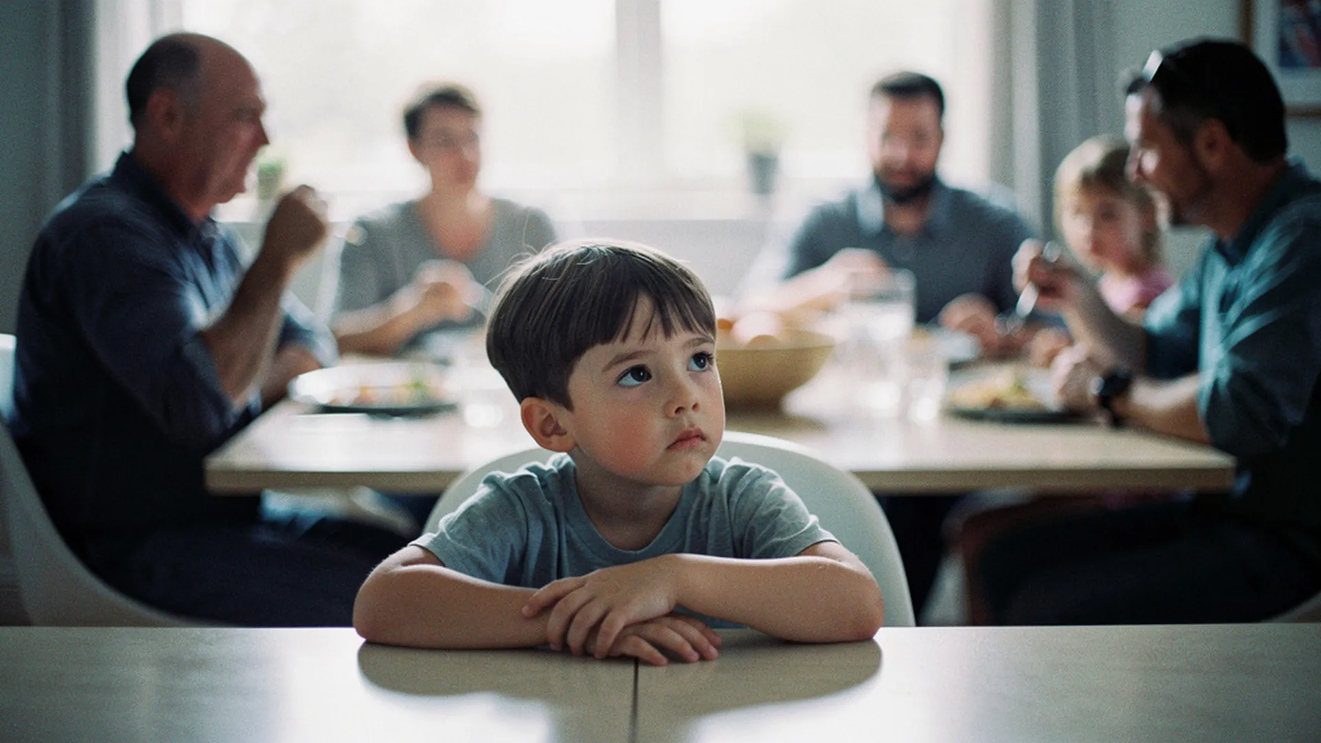 Enfant assis un peu à l'écart pendant un repas de famille recomposée, adultes et autres enfants en arrière-plan