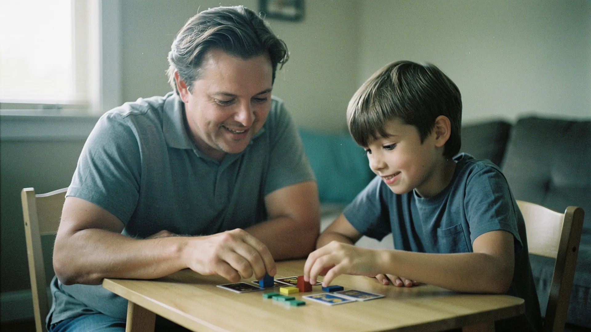Un beau-parent et un enfant jouent ensemble à un jeu de société, dans une interaction détendue