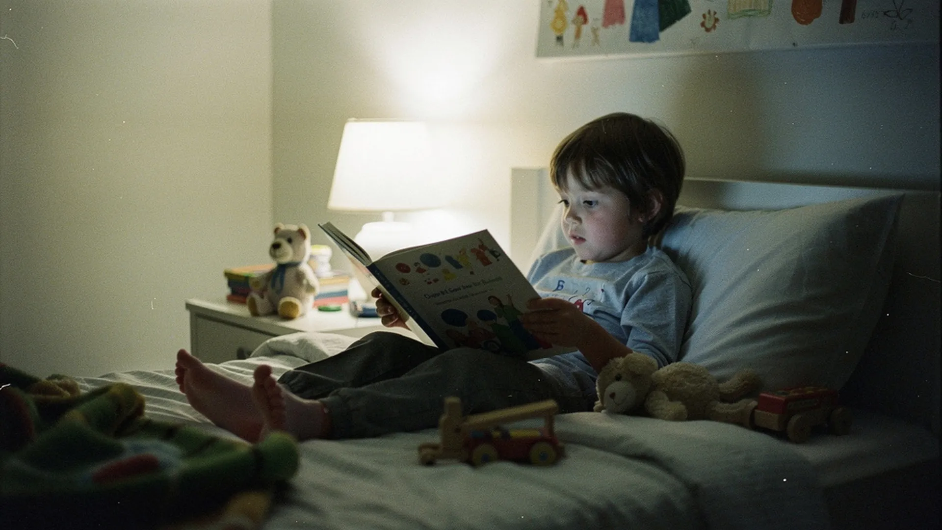 Un enfant lit un livre personnalisé au coucher dans une chambre avec des objets familiers