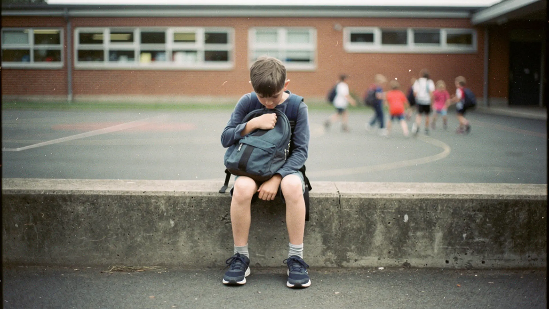 Enfant assis seul dans la cour de récréation, à l'écart d'un groupe d'élèves