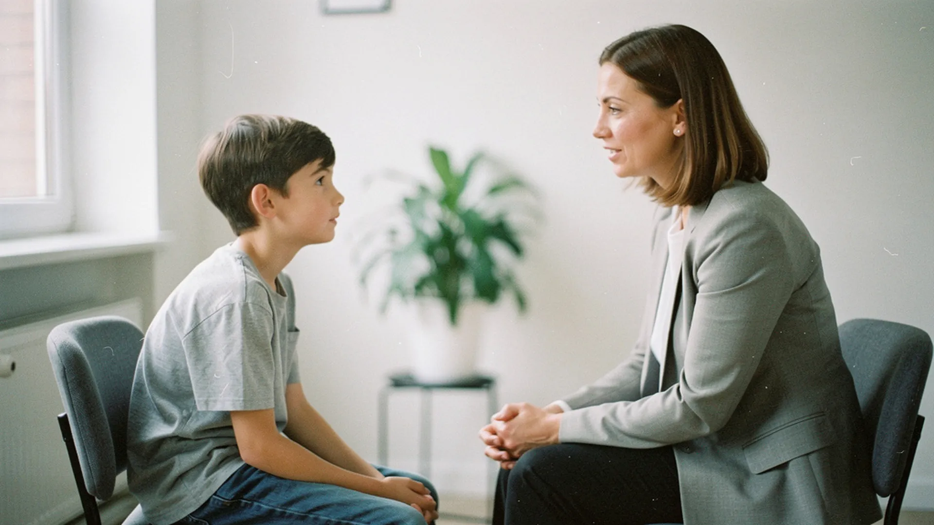 Psychologue et enfant assis face à face dans un cabinet lumineux, échange calme