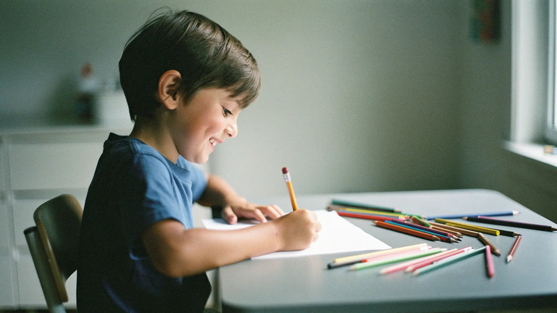 Enfant souriant en train de dessiner à une table, entouré de crayons de couleur
